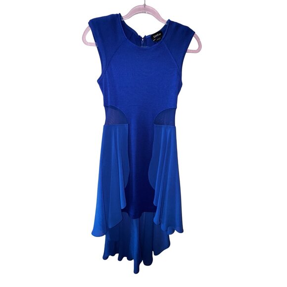 Bebe Royal Blue Mesh Cutout High Low Cocktail Dress Small Sexy Classic Y2K Cute - Picture 1 of 6